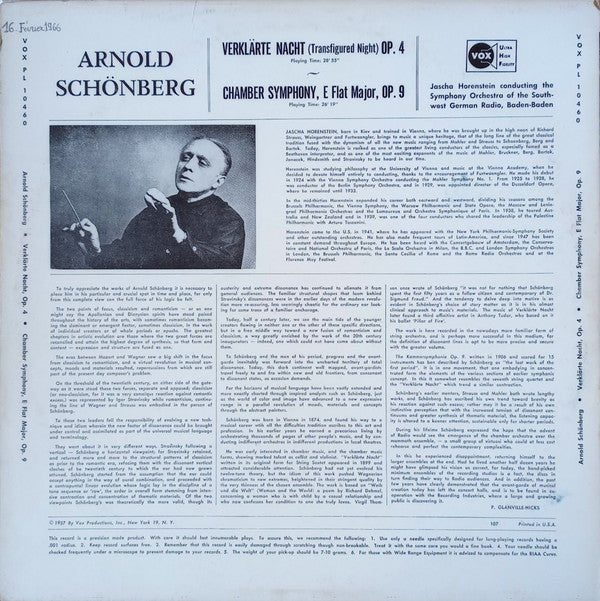 Arnold Schoenberg - Jascha Horenstein, Südwestfunkorchester Baden-Baden : Verklaerte Nacht / Chamber Symphony Op. 9 (LP,Album)
