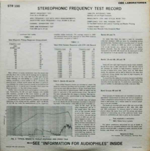 CBS Laboratories : Stereophonic Frequency Test Record (Issue 1) (LP,Stereo)