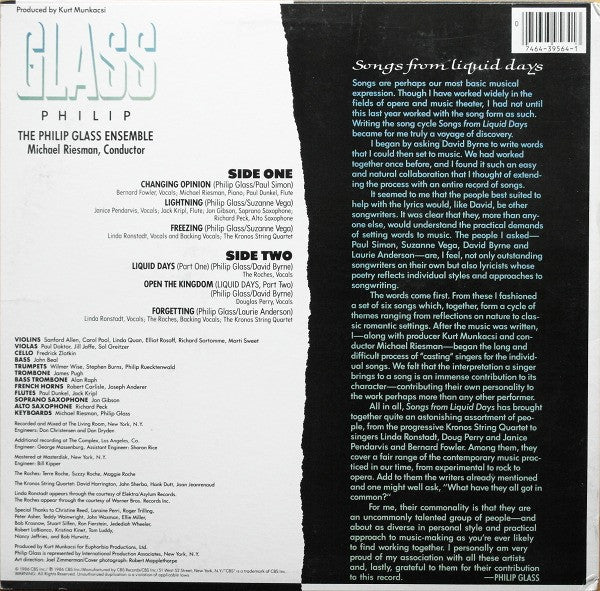 Philip Glass : Songs From Liquid Days (LP,Album,Stereo)