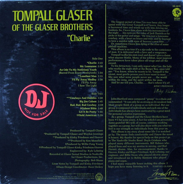 Tompall Glaser : Charlie (LP,Album,Promo)