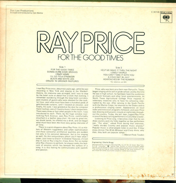 Ray Price : For The Good Times (LP,Album,Stereo)