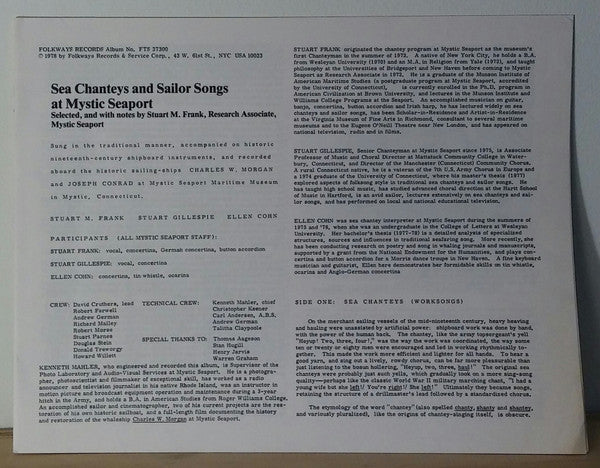 Stuart M. Frank, Stuart Gillespie & Ellen Cohn : Sea Chanteys And Forecastle Songs At Mystic Seaport (LP,Album)