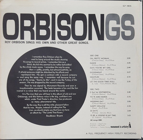 Roy Orbison : Orbisongs (LP,Compilation,Stereo)