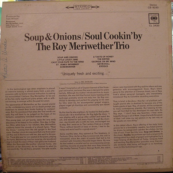 Roy Meriwether Trio, The : Soup & Onions / Soul Cookin' By (LP,Album,Stereo)