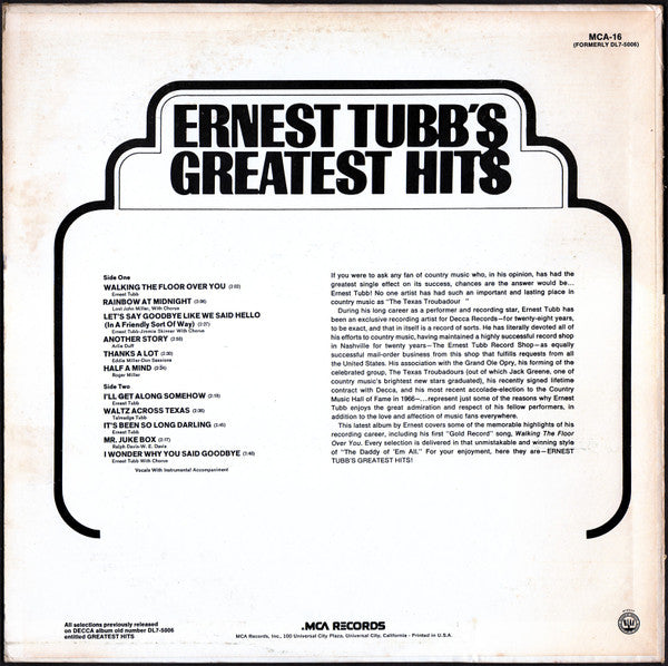 Ernest Tubb : Ernest Tubb's Greatest Hits (LP,Compilation,Reissue)