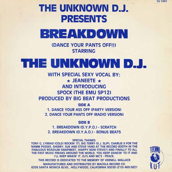 Unknown DJ, The : Break-Down ("Dance Your Pants Off !") (12",33 ⅓ RPM)