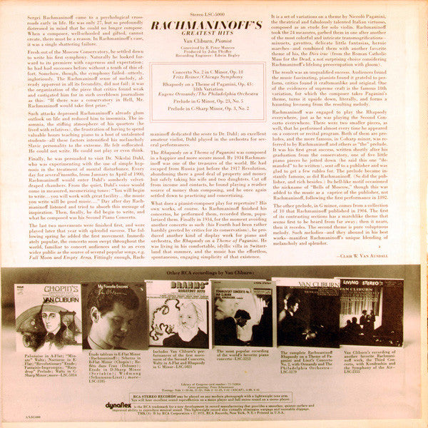 Sergei Vasilyevich Rachmaninoff, Van Cliburn, Fritz Reiner, Chicago Symphony Orchestra, Eugene Ormandy, Philadelphia Orchestra, The : Rachmaninoff's Greatest Hits (LP,Compilation,Reissue)