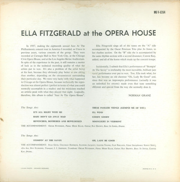 Ella Fitzgerald : Ella Fitzgerald At The Opera House (LP,Album,Mono)