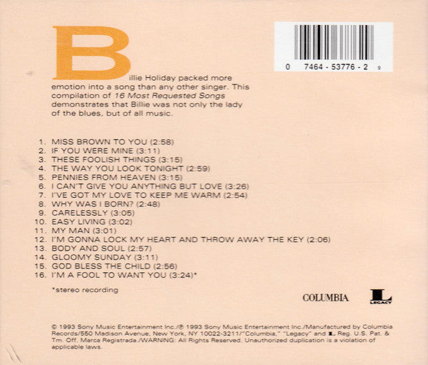 Billie Holiday : 16 Most Requested Songs (Compilation)