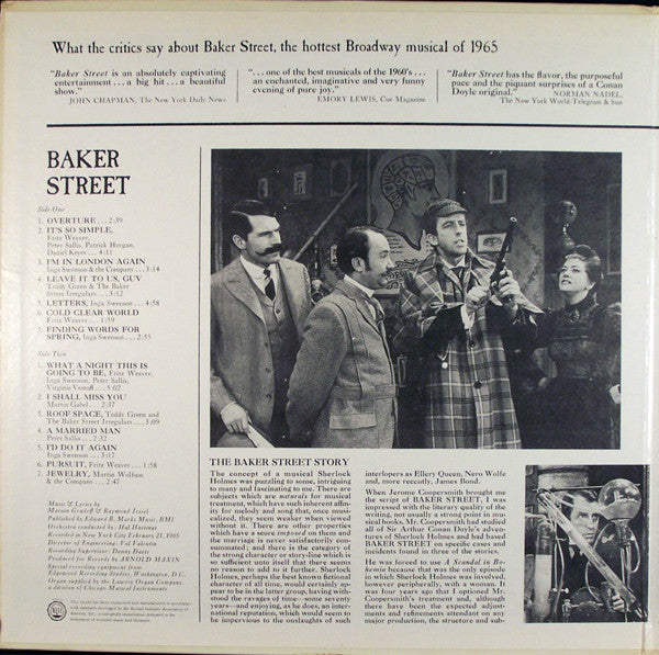 Marian Grudeff, Raymond Jessel - Fritz Weaver, Inga Swenson, Martin Gabel : Baker Street - A Musical Adventure Of Sherlock Holmes (LP,Album,Mono)