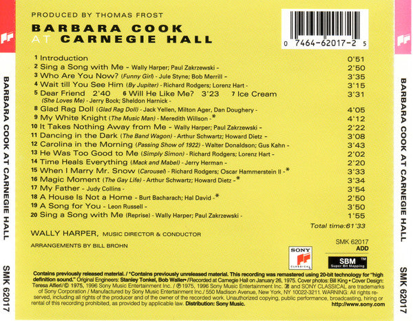 Barbara Cook : Barbara Cook At Carnegie Hall (Reissue,Remastered)