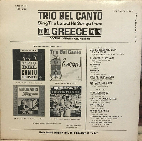 Trio Bel Canto : Sing The Latest Hit Songs From Greece (LP,Album,Mono)