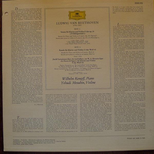 Ludwig Van Beethoven - Wilhelm Kempff • Yehudi Menuhin : Frühlingssonate (Spring Sonata) Op.24 • Rondo WoO 41 • 12 Variationen WoO 40 (LP)