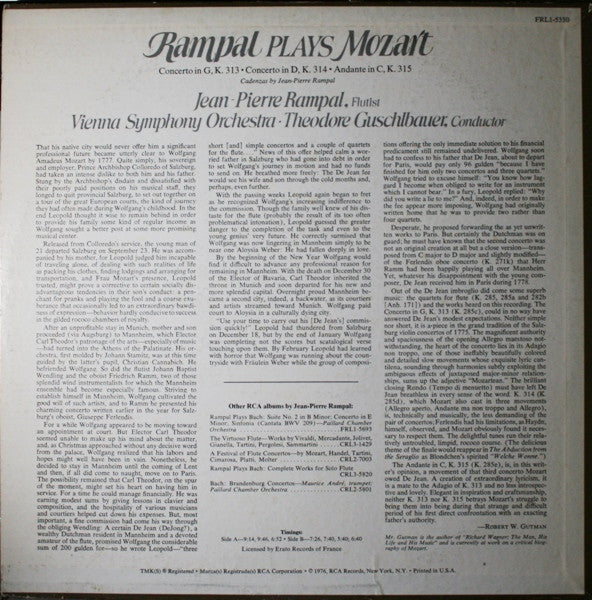 Jean-Pierre Rampal, Wolfgang Amadeus Mozart, Wiener Symphoniker, Theodor Guschlbauer : Rampal Plays Mozart / The Two Flute Concertos And Andante, K. 315 (LP,Album)