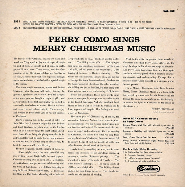 Perry Como : Perry Como Sings Merry Christmas Music (LP,Album,Mono)