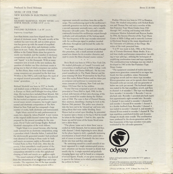 Steve Reich / Richard Maxfield / Pauline Oliveros : New Sounds In Electronic Music (Come Out / Night Music / I Of IV) (LP,Reissue)