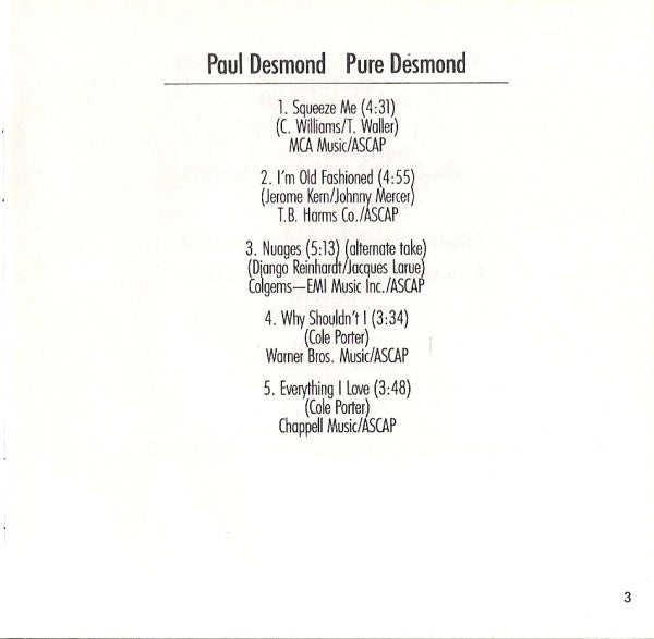 Paul Desmond : Pure Desmond (Album,Reissue,Remastered)