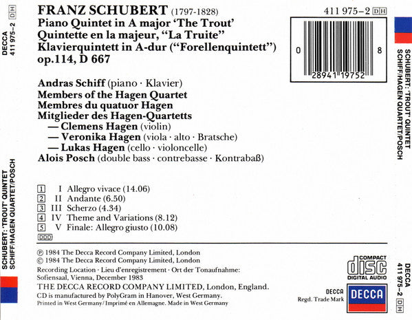Franz Schubert — András Schiff, Hagen Quartett, Alois Posch : Trout Quintet (Album,Repress)