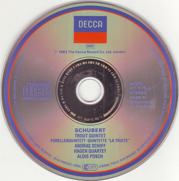 Franz Schubert — András Schiff, Hagen Quartett, Alois Posch : Trout Quintet (Album,Repress)