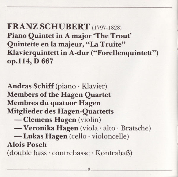 Franz Schubert — András Schiff, Hagen Quartett, Alois Posch : Trout Quintet (Album,Repress)