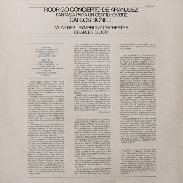 Joaquín Rodrigo, Carlos Bonell, Orchestre symphonique de Montréal, Charles Dutoit : Concierto De Aranjuez / Fantasia Para Un Gentilhombre (LP,Stereo)