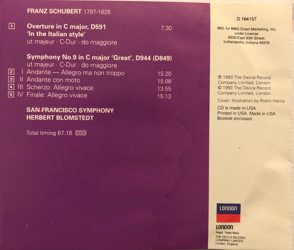 Franz Schubert, San Francisco Symphony, Herbert Blomstedt : Symphony No. 9 In C - Overture In C, D591 (Album,Club Edition,Stereo)