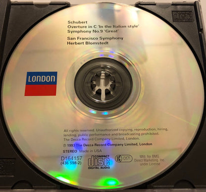 Franz Schubert, San Francisco Symphony, Herbert Blomstedt : Symphony No. 9 In C - Overture In C, D591 (Album,Club Edition,Stereo)