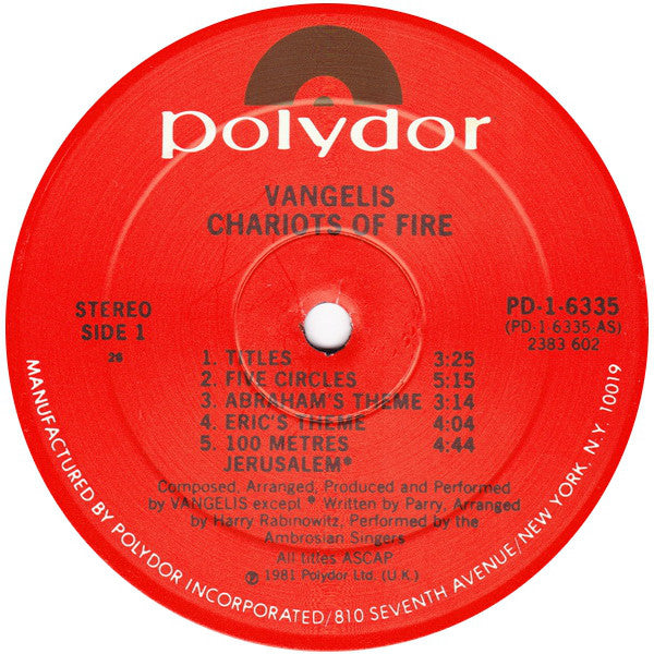 Vangelis : Chariots Of Fire (LP,Album,Stereo)