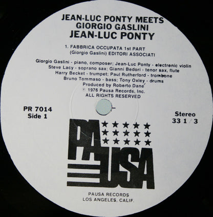 Jean-Luc Ponty With Giorgio Gaslini / Steve Lacy / Harry Beckett / Tony Oxley / Gianni Bedori / Bruno Tommaso / Paul Rutherford (2) : Jean-Luc Ponty Meets Giorgio Gaslini (LP,Album)