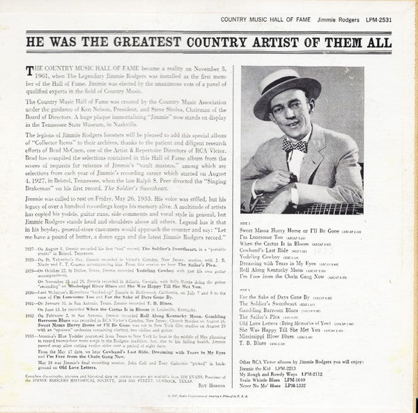 Jimmie Rodgers : Country Music Hall Of Fame (LP,Compilation,Mono)