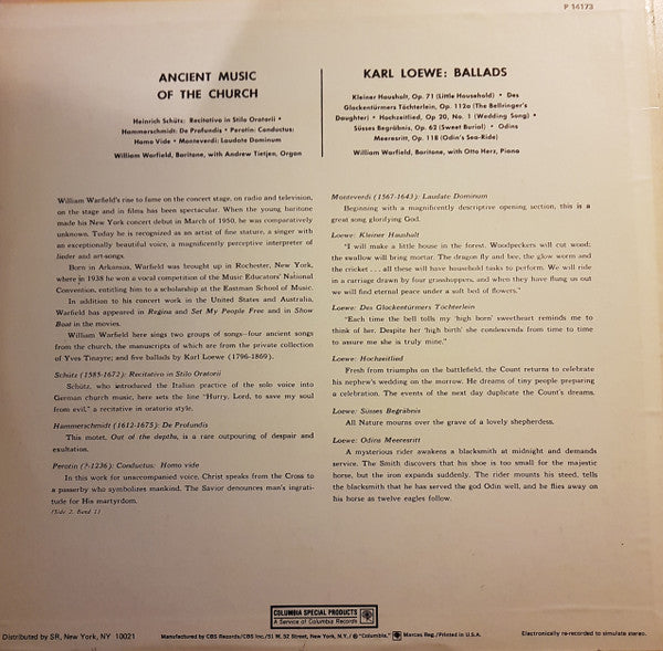 William Warfield : Ancient Music of the Church/Lowe: Ballads  (LP,Album,Reissue)