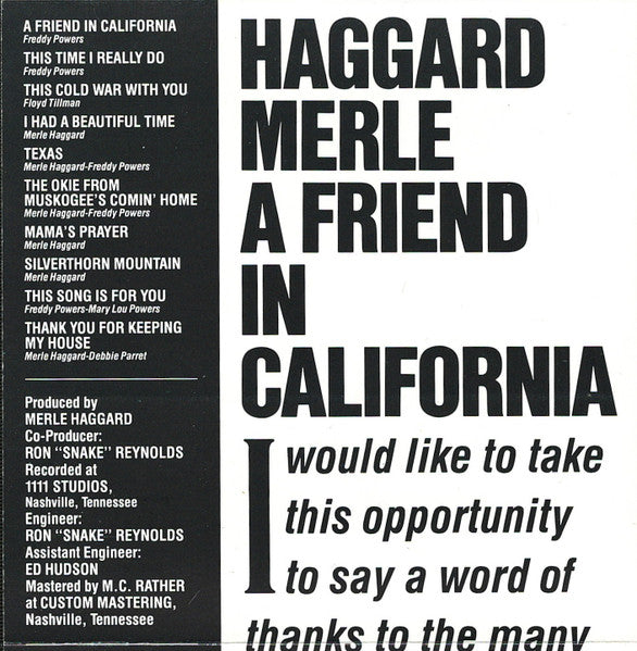 Merle Haggard : A Friend In California (Album)
