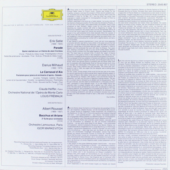 Erik Satie, Darius Milhaud, Albert Roussel, Orchestre National De L'Opéra De Monte-Carlo, Orchestre Des Concerts Lamoureux, Claude Helffer, Louis Frémaux, Igor Markevitch : Parade / Le Carnaval D'Aix / Bacchus Et Ariane (LP,Compilation,Stereo)