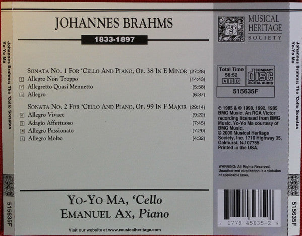 Johannes Brahms – Yo-Yo Ma / Emanuel Ax : Cello Sonatas (Album,Reissue)