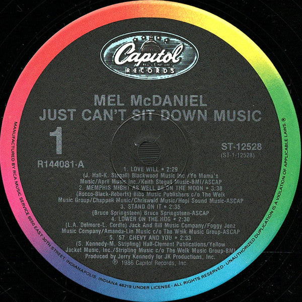 Mel McDaniel : Just Can't Sit Down Music (LP,Album,Club Edition)