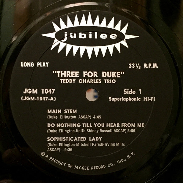Teddy Charles Trio : 3 For Duke (LP,Album,Repress,Mono)