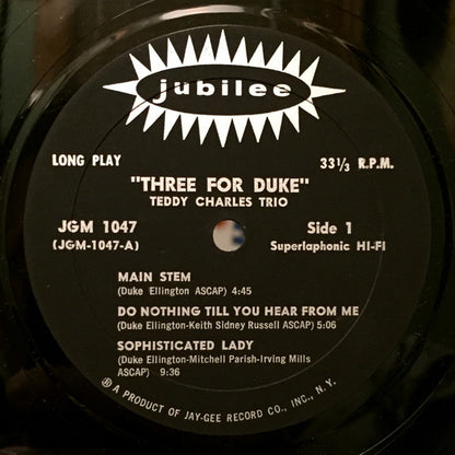 Teddy Charles Trio : 3 For Duke (LP,Album,Repress,Mono)