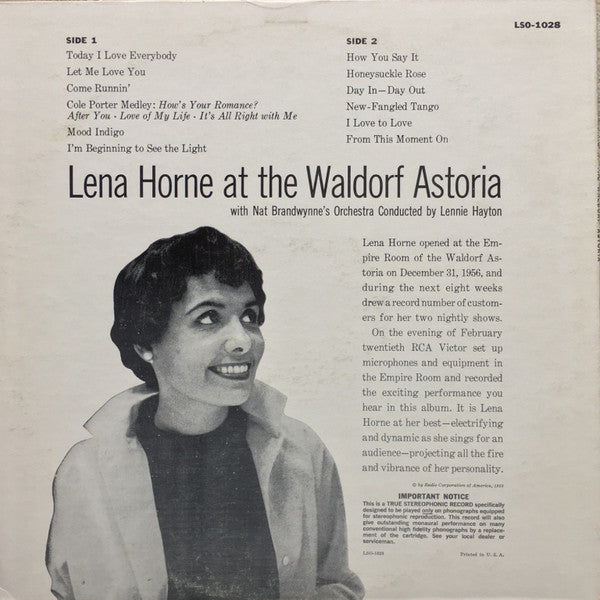Lena Horne With Nat Brandwynne & His Orchestra Conducted By Lennie Hayton : Lena Horne At The Waldorf Astoria (LP,Album,Stereo)