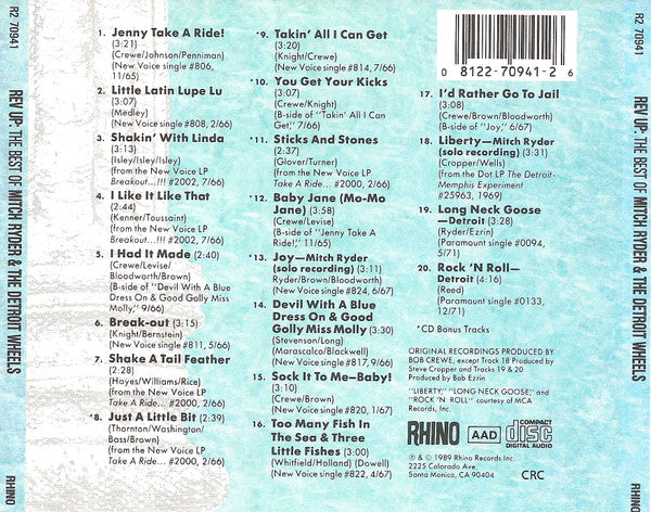 Mitch Ryder & The Detroit Wheels : Rev Up - The Best Of Mitch Ryder & The Detroit Wheels (Compilation,Club Edition)