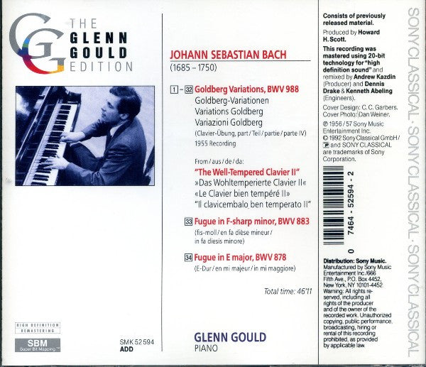 Johann Sebastian Bach, Glenn Gould : Goldberg Variations BWV 988 (The Historic 1955 Debut Recording) (Album,Reissue,Remastered,Mono)