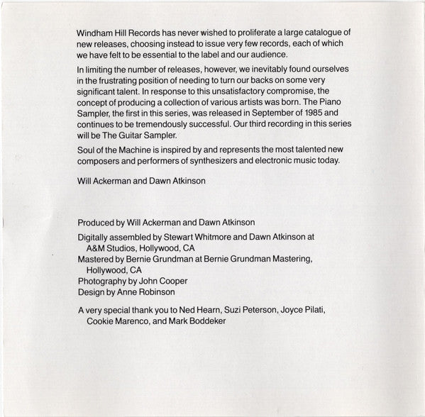 Various : Soul Of The Machine - The Windham Hill Sampler Of New Electronic Music (Compilation)