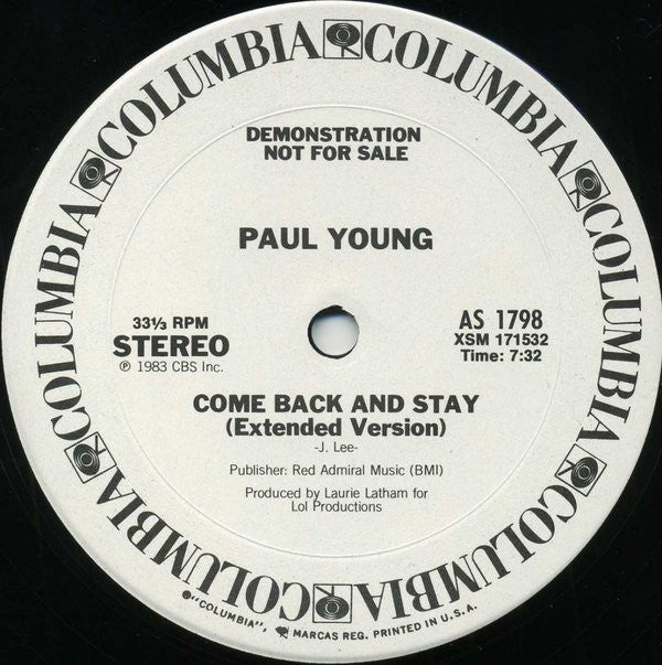 Paul Young : Come Back And Stay (12",33 ⅓ RPM,Single,Promo)