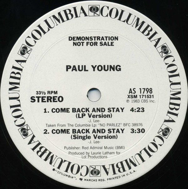 Paul Young : Come Back And Stay (12",33 ⅓ RPM,Single,Promo)