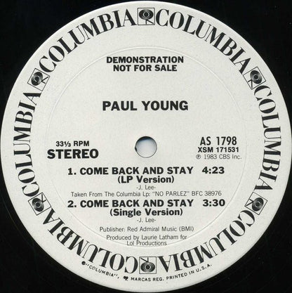 Paul Young : Come Back And Stay (12",33 ⅓ RPM,Single,Promo)