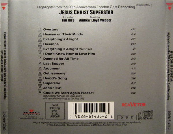 Andrew Lloyd Webber And Tim Rice : Jesus Christ Superstar - Highlights From The 20th Anniversary London Cast Recording (Album,Stereo)