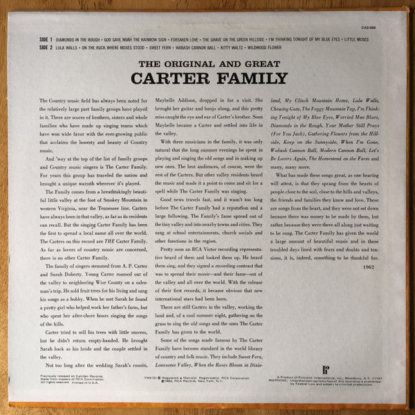 Carter Family, The : The Original And Great Carter Family (LP,Compilation,Reissue,Mono)