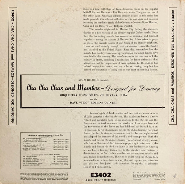 Orquesta Cosmopolita And Dave "Tico" Robbins Quintette : Cha Cha Chas & Mambos - Designed For Dancing (LP,Album,Mono)