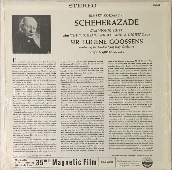 Nikolai Rimsky-Korsakov, Sir Eugene Goossens, London Symphony Orchestra : Scheherazade (Symphonic Suite After "The Thousand Nights And A Night," Op. 36) (LP,Album,Reissue,Stereo)
