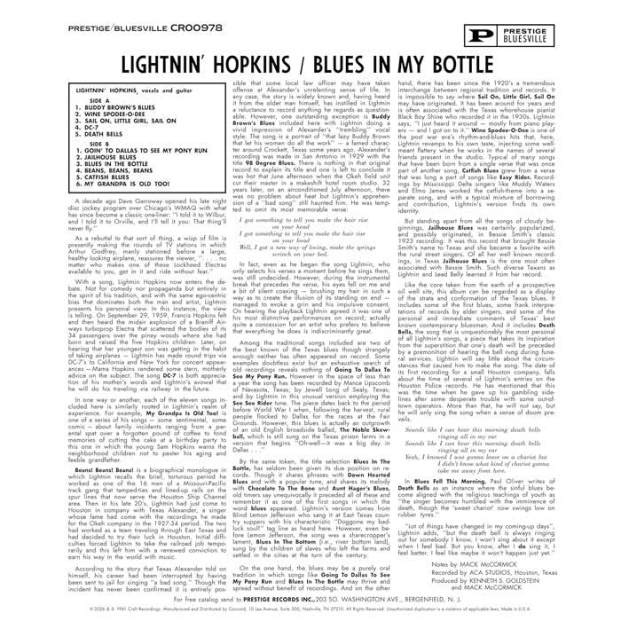 Hopkins Lightnin - Blues in My Bottle (Bluesville Acoustic Sounds Series, LP Vinyl) UPC: 888072738386