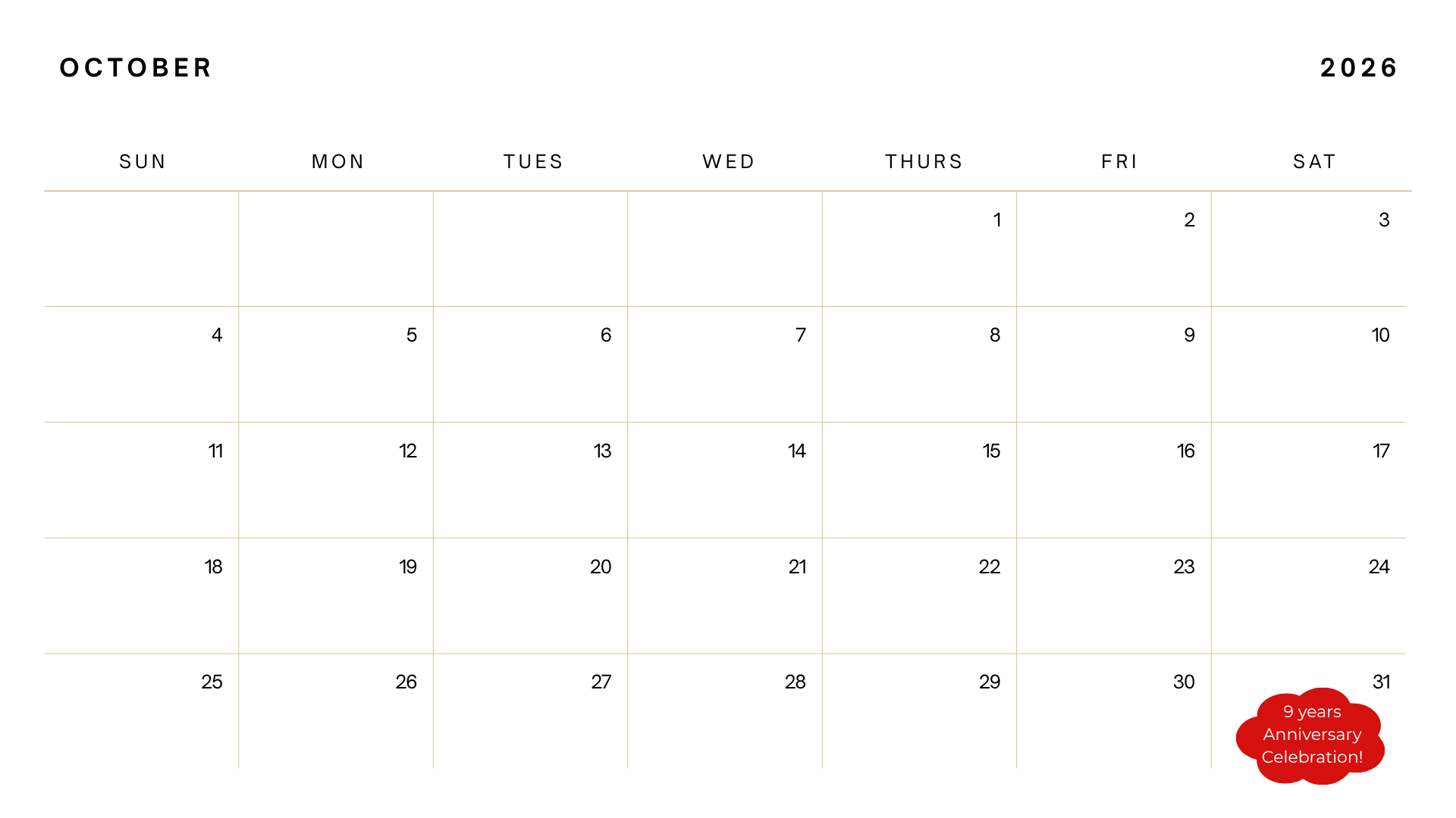 October 2026 Calendar